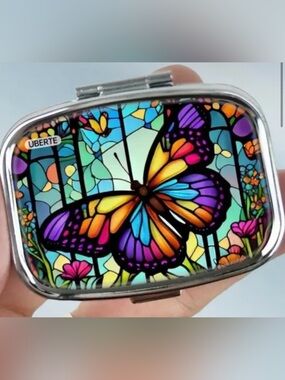 Vibrant Butterfly stained glass design 2 Compartment Pill Box. New.